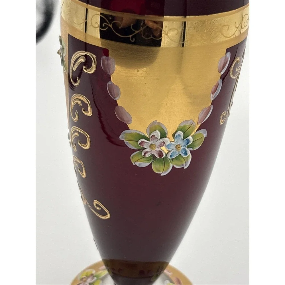 Seyei Japan Ruby Red Cranberry Glass Vase - 24K Gold Gilt & Enamel Flowers